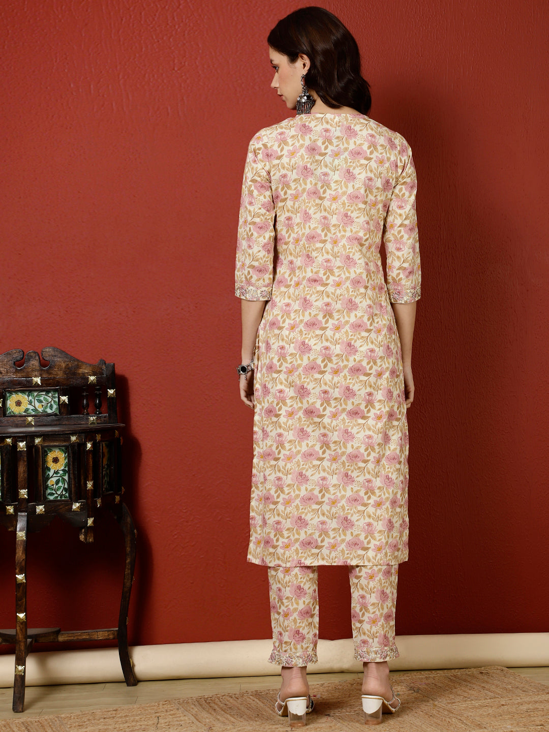 Antaran Peach Pure Cotton Embroidered Kurta Pant Set - Swadesiicart