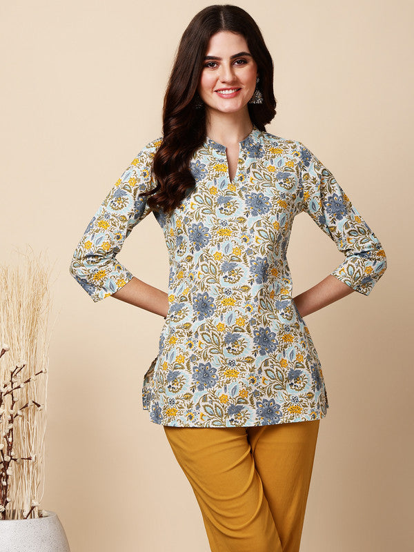 Antaran Blue Pure Cotton Printed Tunic - Swadesiicart