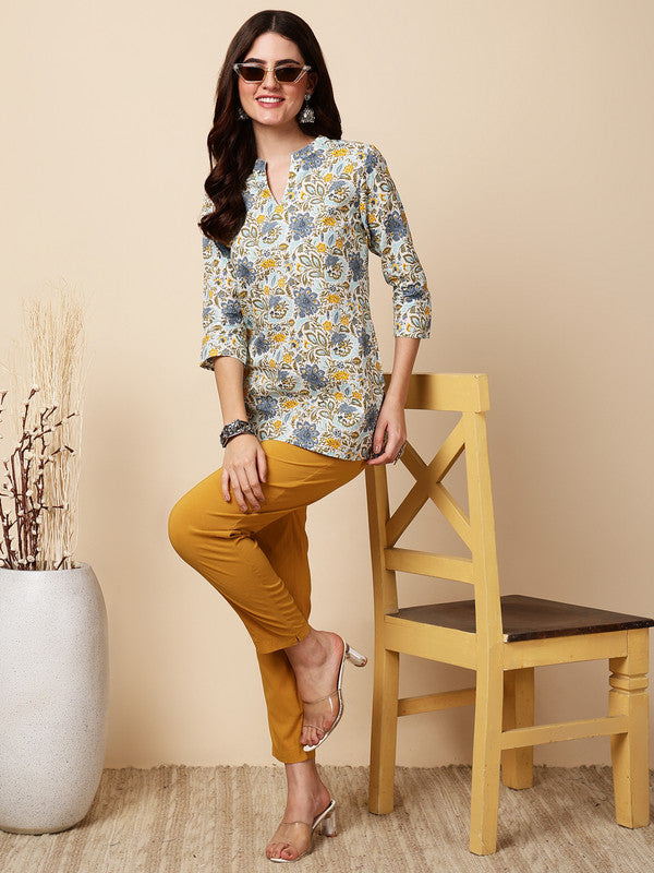 Antaran Blue Pure Cotton Printed Tunic - Swadesiicart