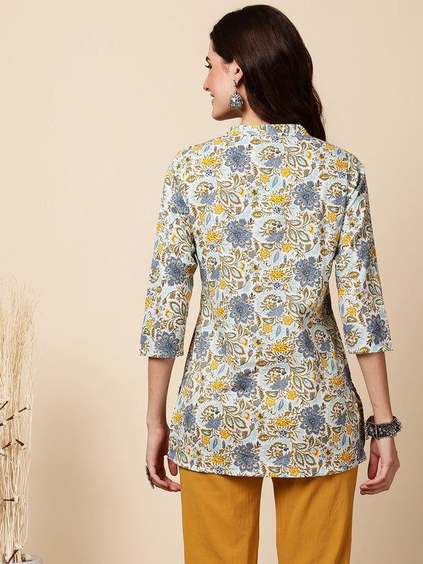 Antaran Blue Pure Cotton Printed Tunic - Swadesiicart