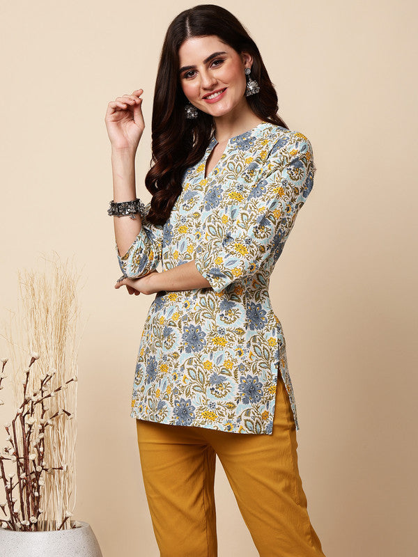 Antaran Blue Pure Cotton Printed Tunic - Swadesiicart