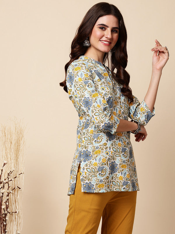 Antaran Blue Pure Cotton Printed Tunic - Swadesiicart