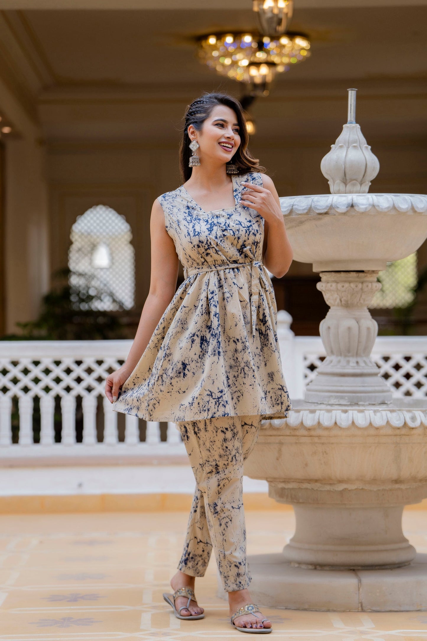 Antaran Beige Pure Cotton Marble Printed Co Ord Set With Tie On Waist - Swadesiicart