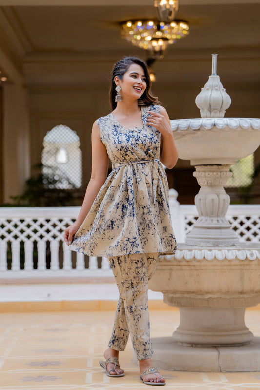 Antaran Beige Pure Cotton Marble Printed Co Ord Set With Tie On Waist - Swadesiicart