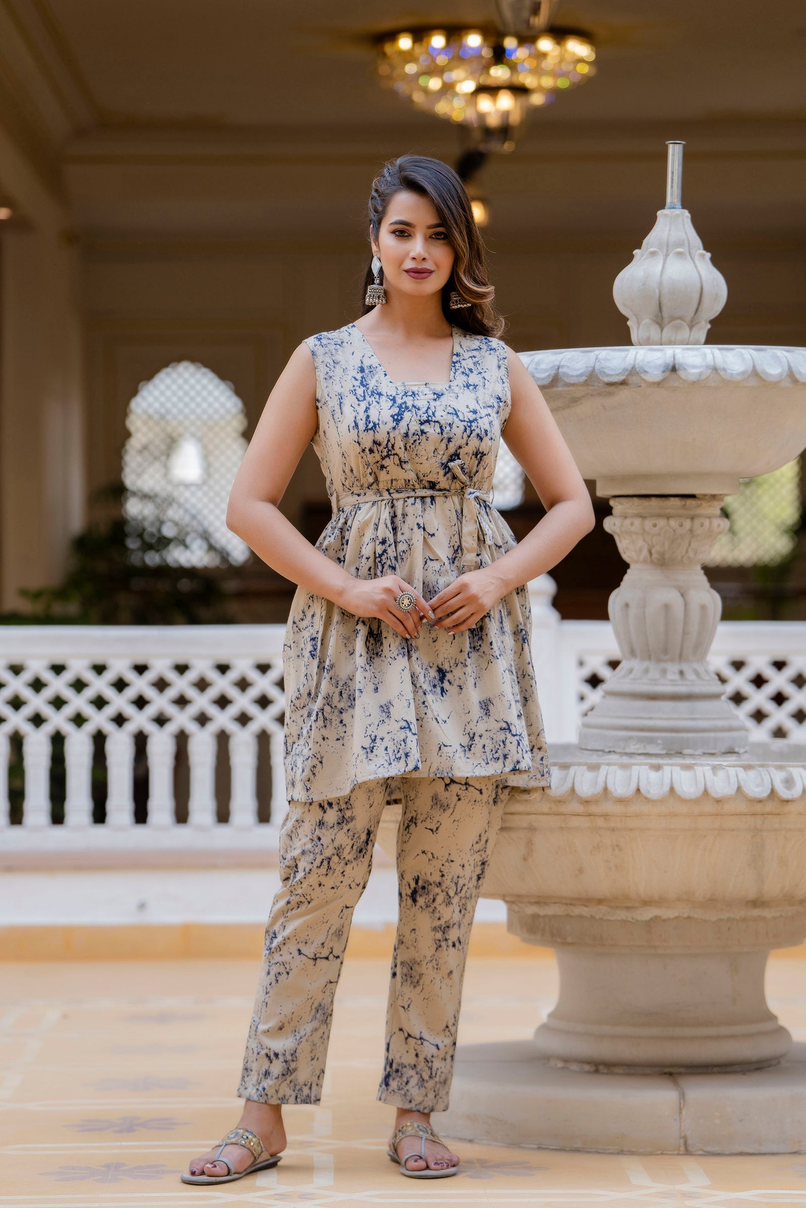 Antaran Beige Pure Cotton Marble Printed Co Ord Set With Tie On Waist - Swadesiicart