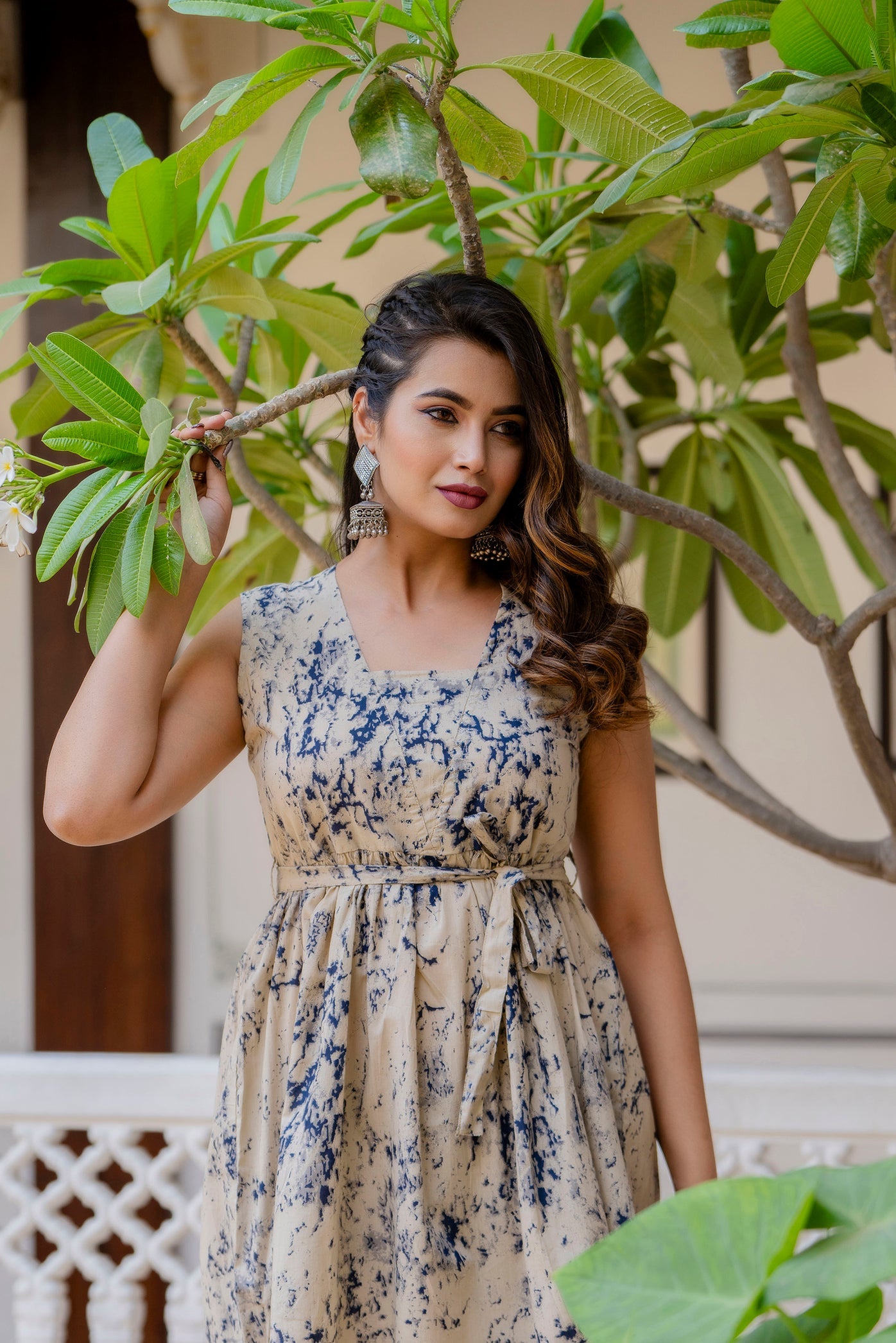 Antaran Beige Pure Cotton Marble Printed Co Ord Set With Tie On Waist - Swadesiicart