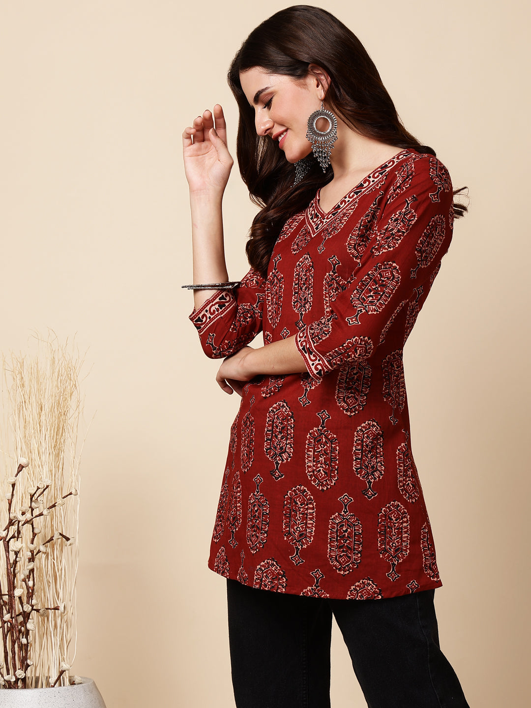 Antaran Maroon Pure Cotton Maroon Printed Tunic - Swadesiicart
