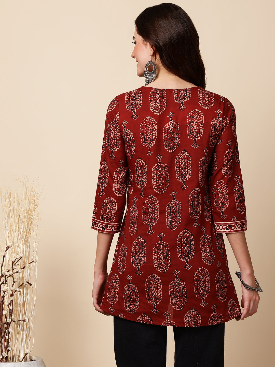Antaran Maroon Pure Cotton Maroon Printed Tunic - Swadesiicart