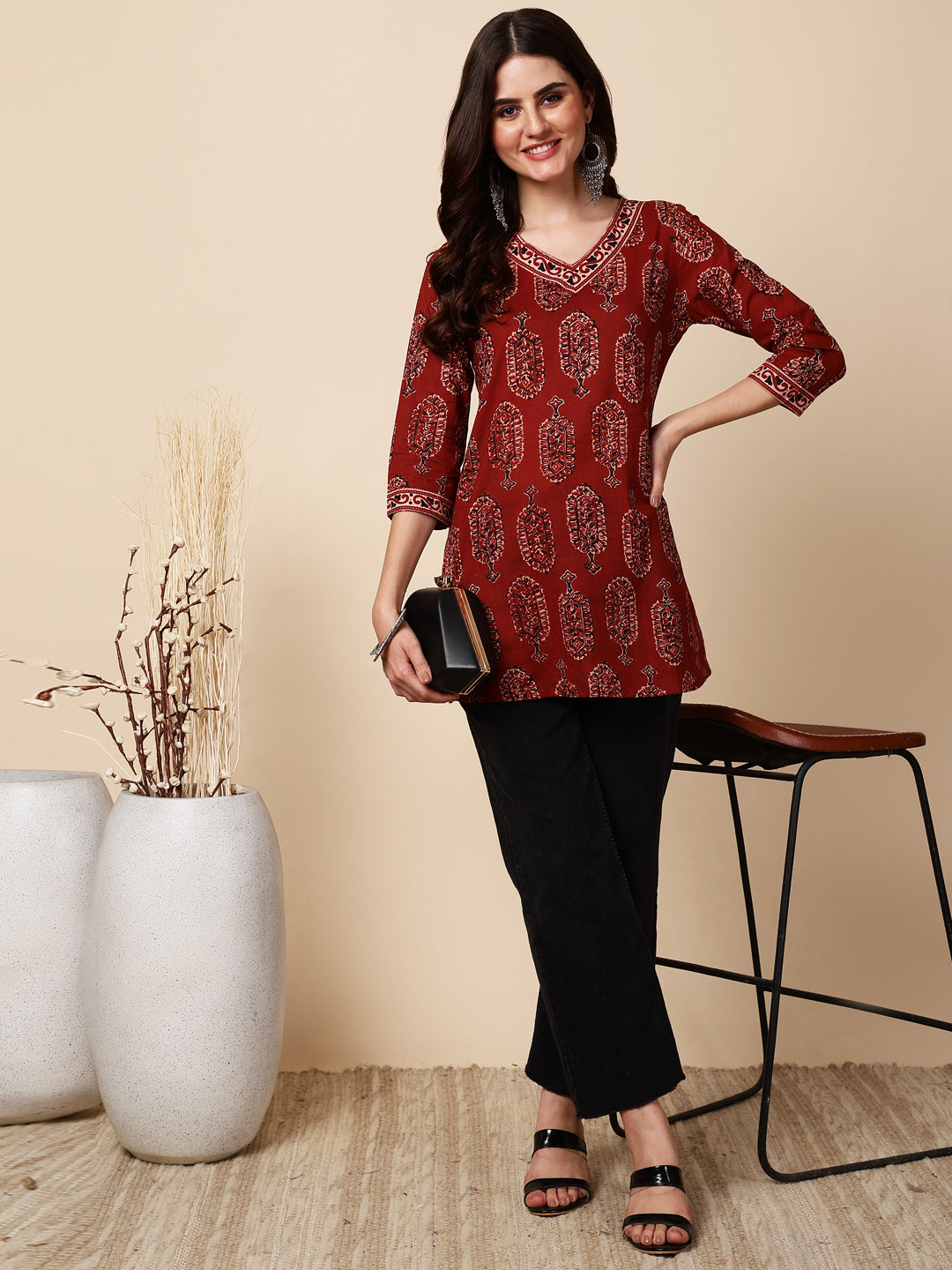 Antaran Maroon Pure Cotton Maroon Printed Tunic - Swadesiicart