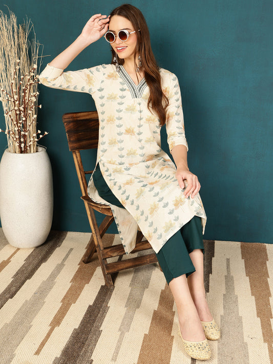 Antaran Off White Pure Cotton Embellished Kurta