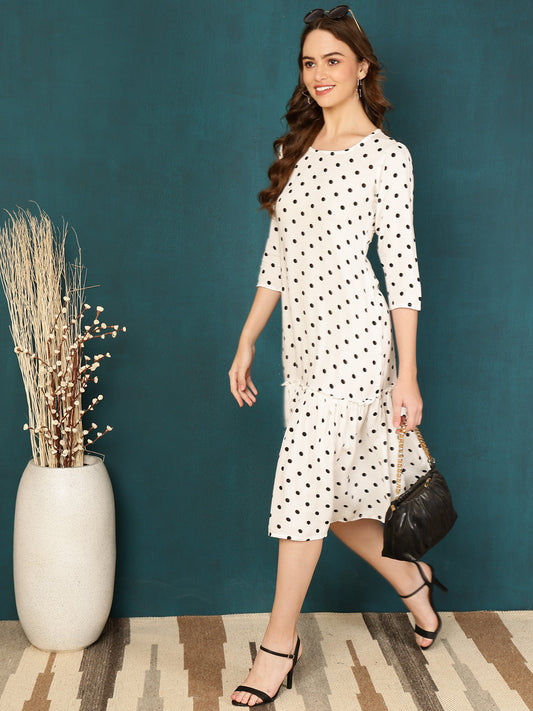 Antaran White Rayon Polka Printed Dress - Swadesiicart