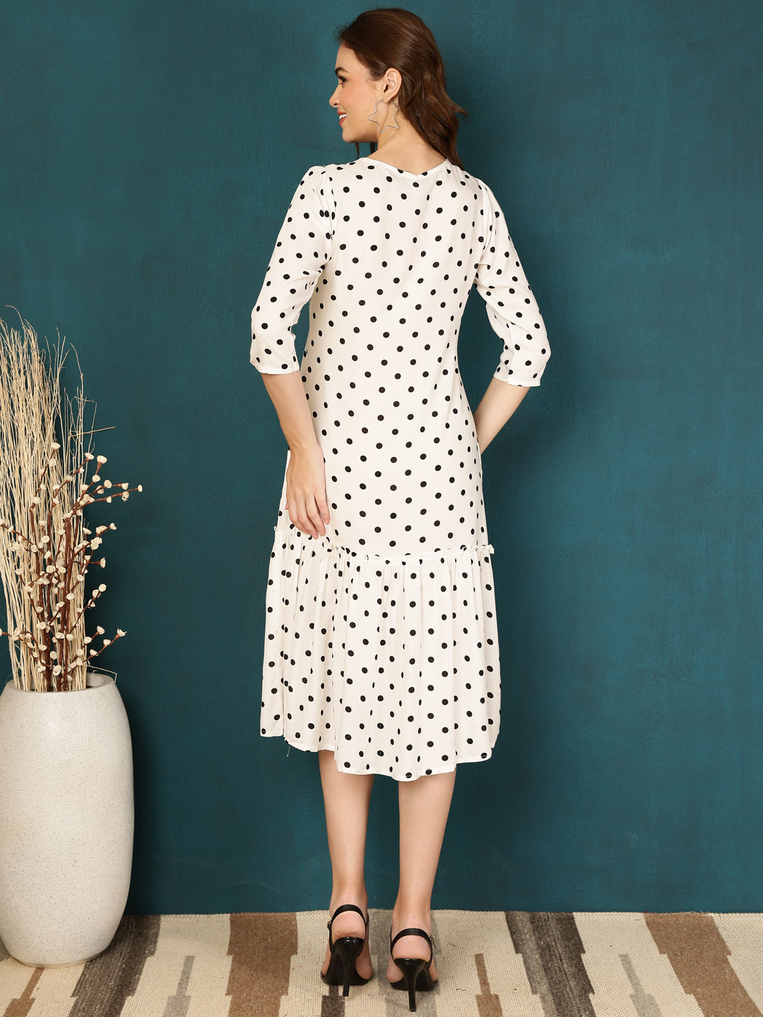 Antaran White Rayon Polka Printed Dress - Swadesiicart