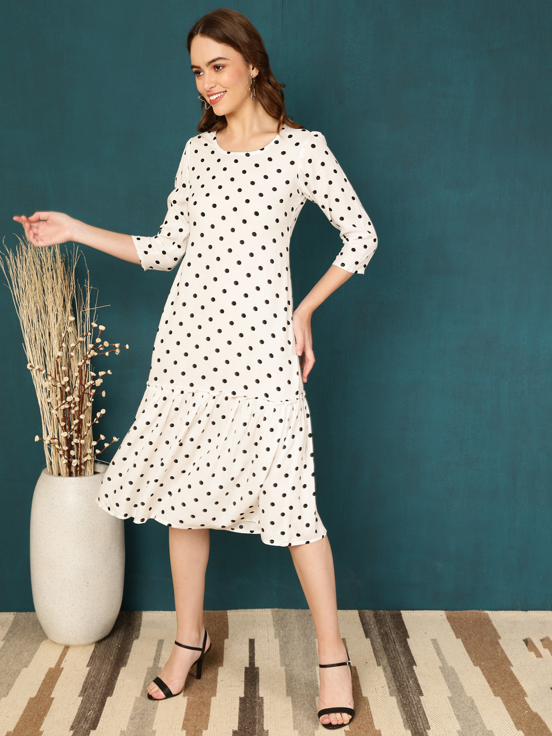 Antaran White Rayon Polka Printed Dress - Swadesiicart