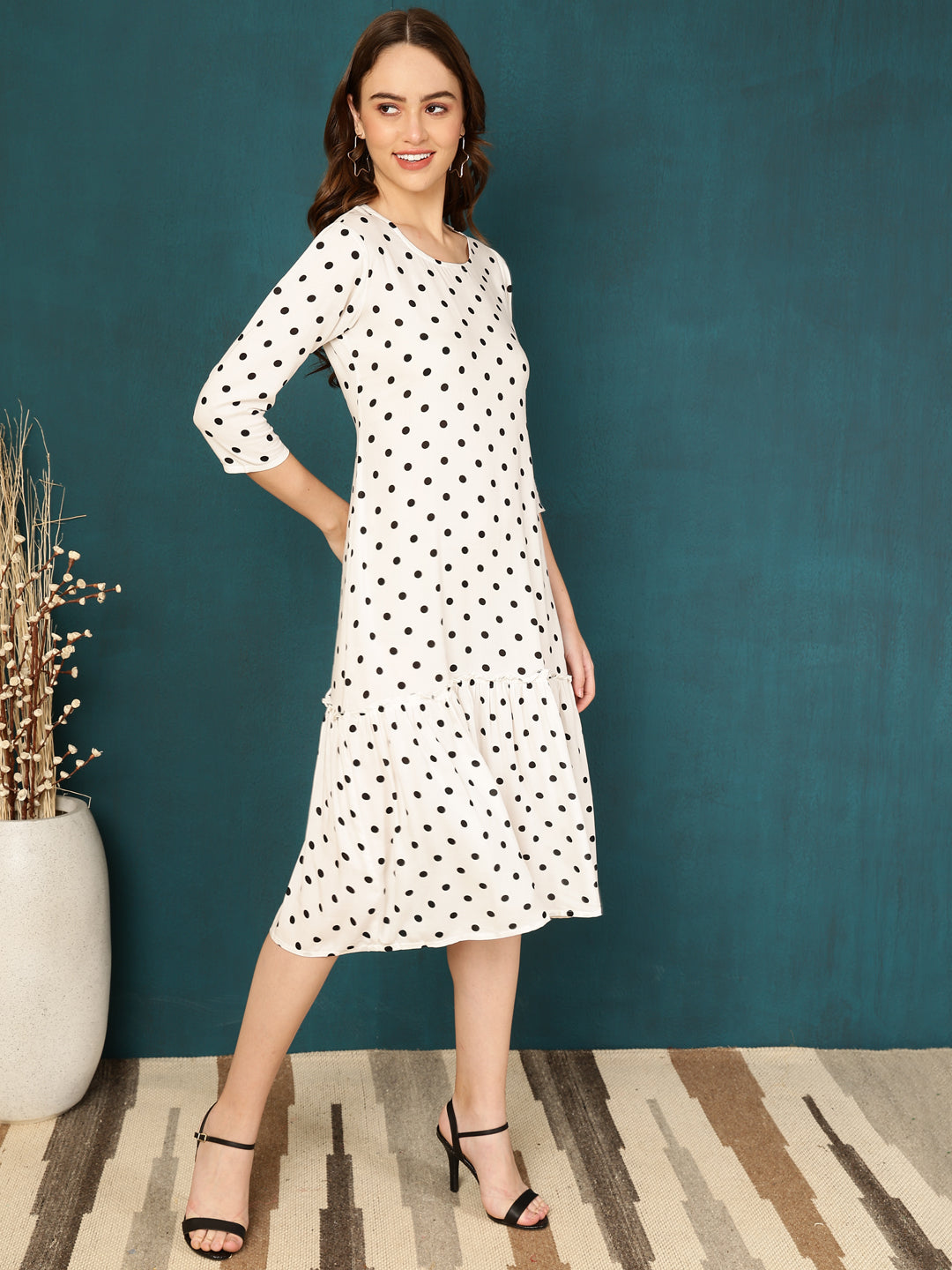 Antaran White Rayon Polka Printed Dress - Swadesiicart