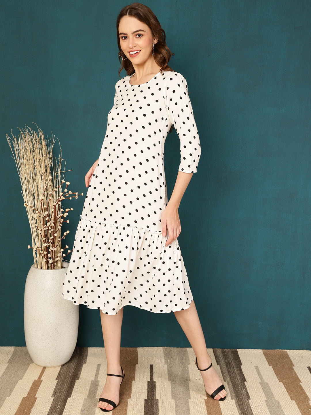 Antaran White Rayon Polka Printed Dress - Swadesiicart