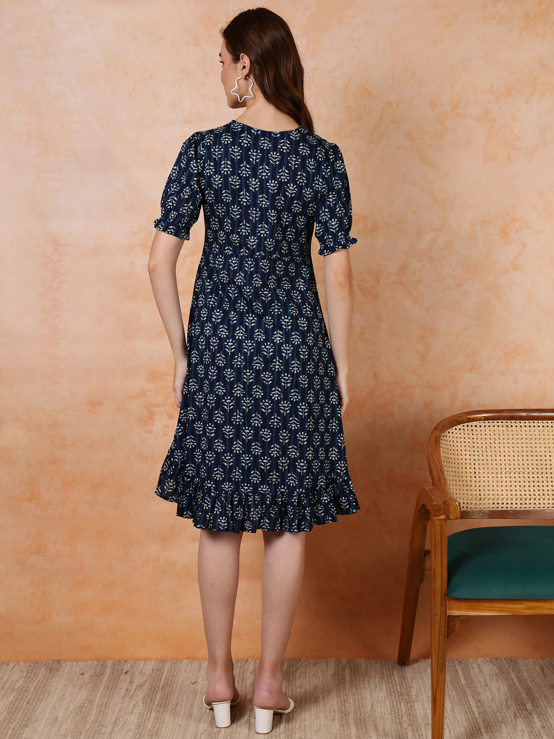 Antaran Blue Pure Cotton Flared Printed Dress - Swadesiicart