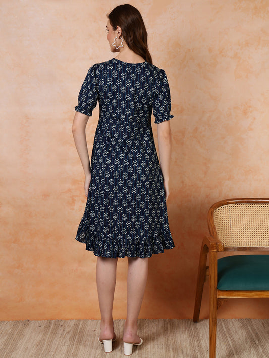 Antaran Blue Pure Cotton Flared Printed Dress - Swadesiicart