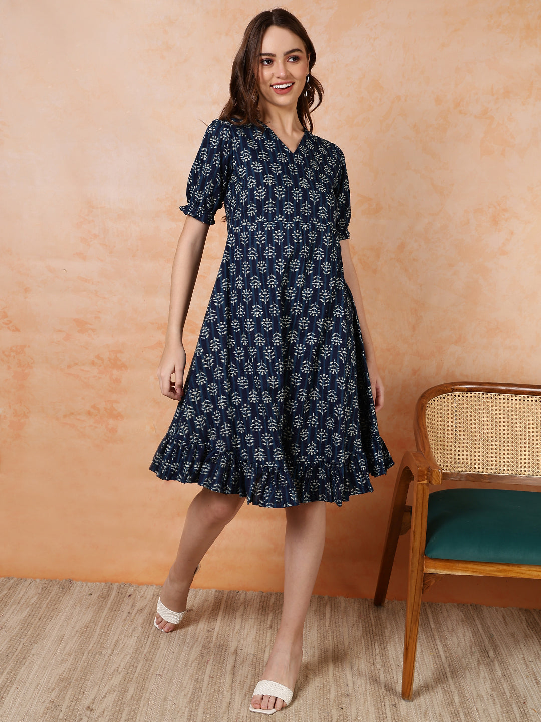 Antaran Blue Pure Cotton Flared Printed Dress - Swadesiicart