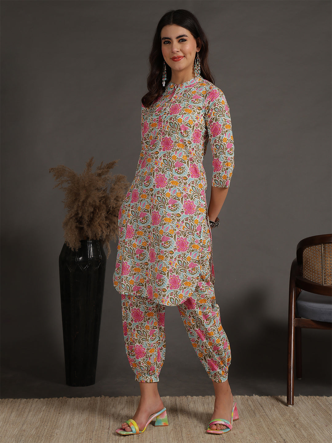Antaran Sky Blue Pure Cotton Floral Printed Co Ord Set - Swadesiicart