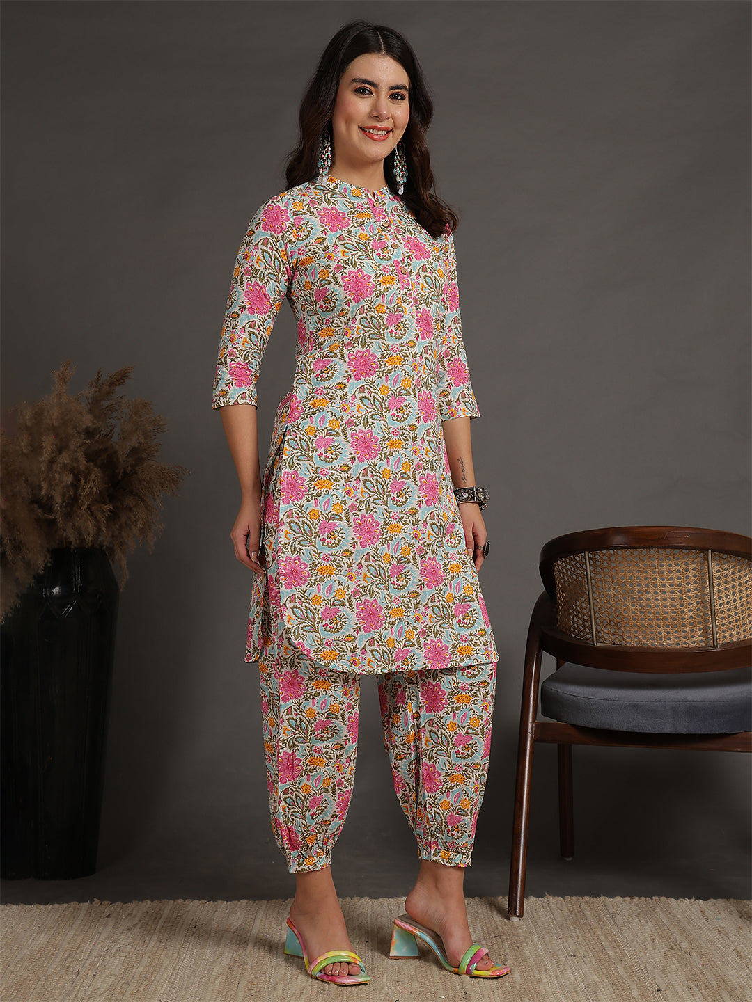 Antaran Sky Blue Pure Cotton Floral Printed Co Ord Set - Swadesiicart
