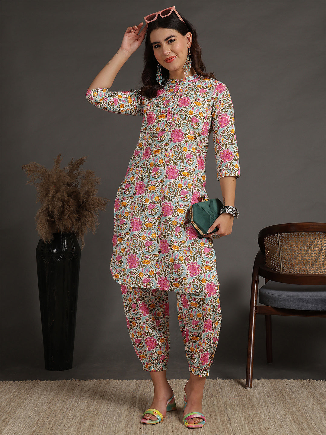 Antaran Sky Blue Pure Cotton Floral Printed Co Ord Set - Swadesiicart