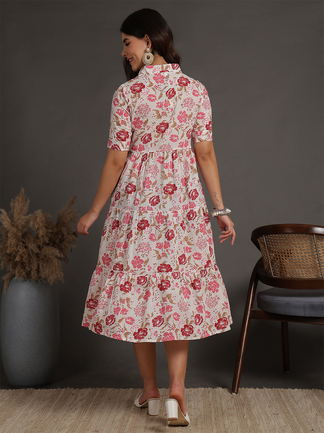 Antaran White Pure Cotton Tiered Floral Printed Dress - Swadesiicart