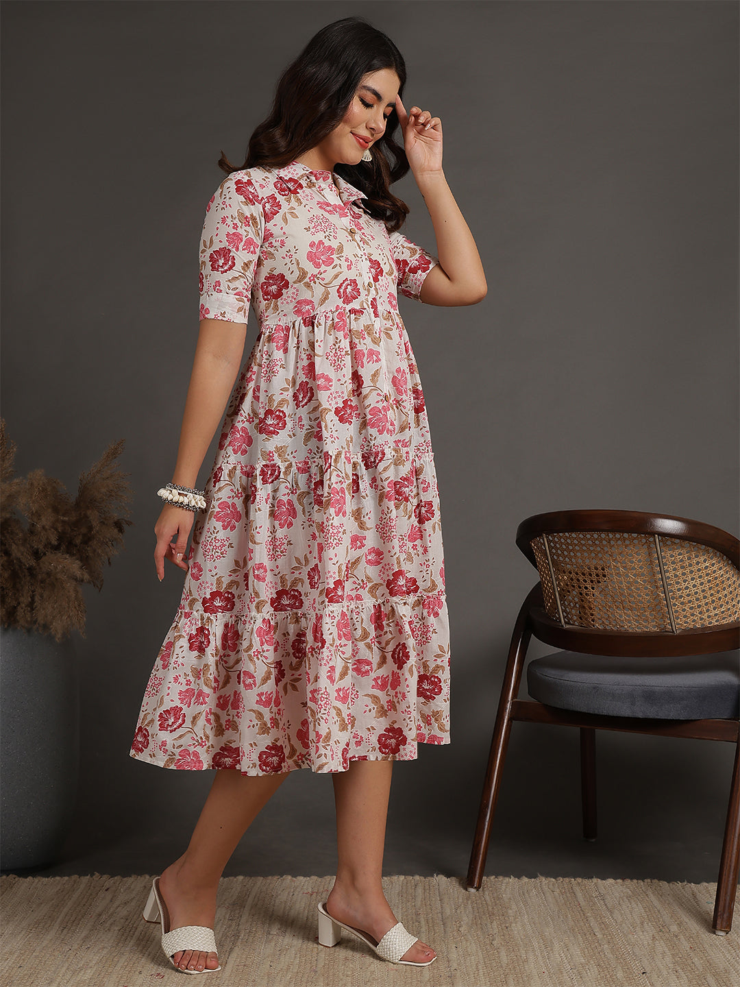 Antaran White Pure Cotton Tiered Floral Printed Dress - Swadesiicart