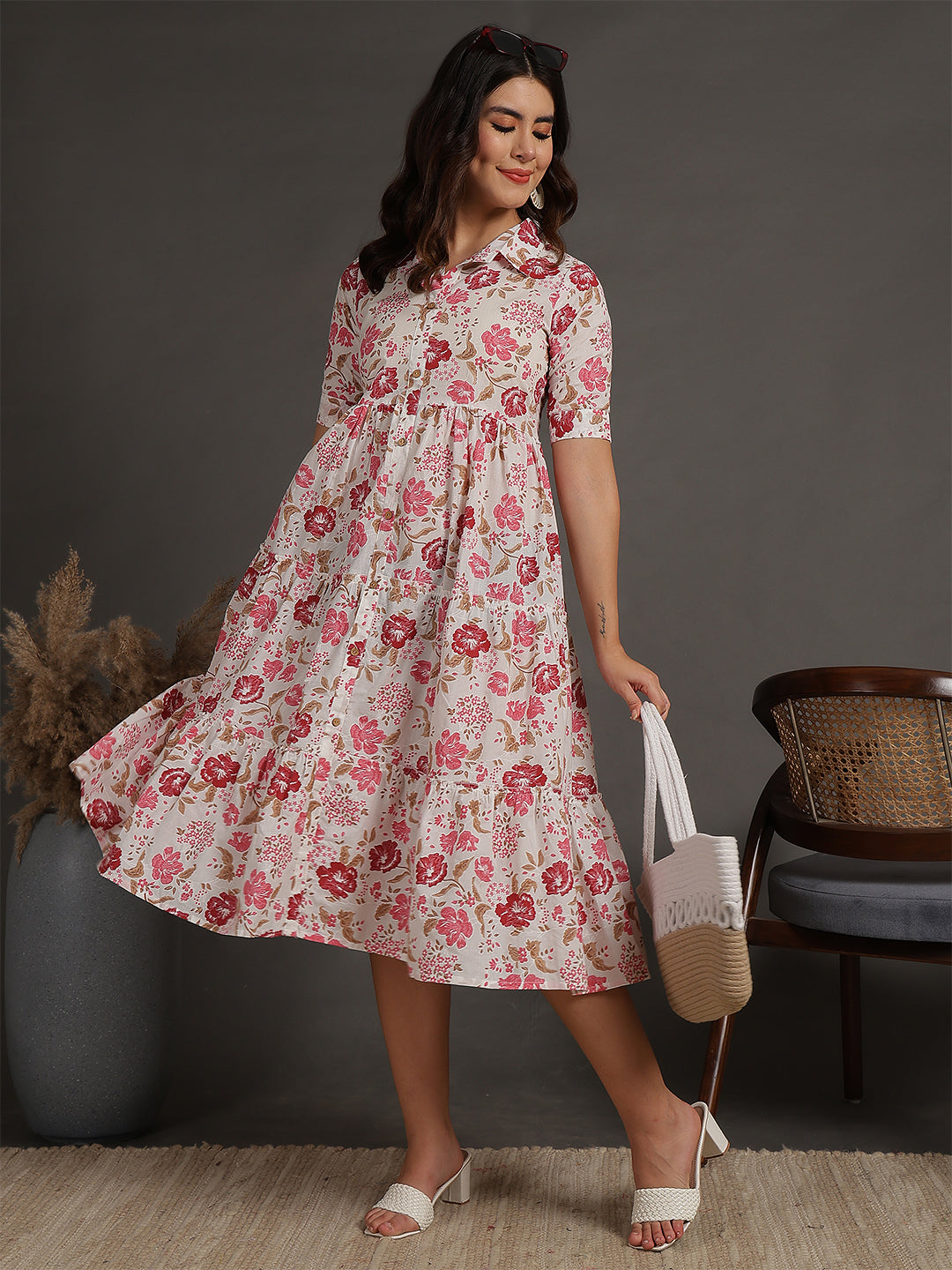 Antaran White Pure Cotton Tiered Floral Printed Dress - Swadesiicart