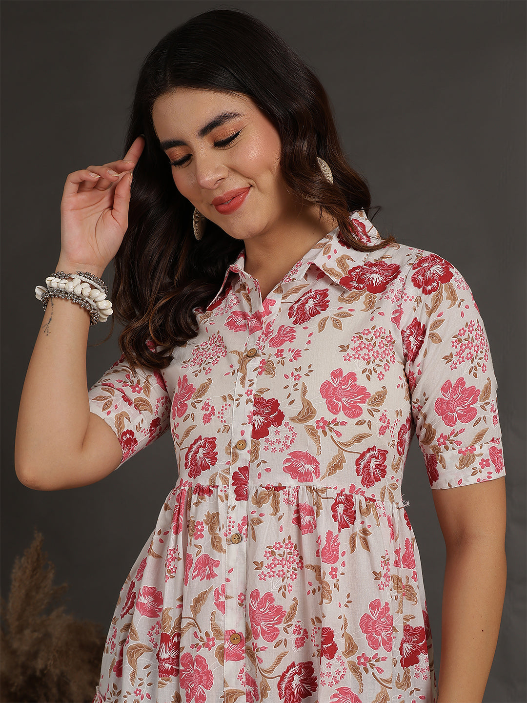 Antaran White Pure Cotton Tiered Floral Printed Dress - Swadesiicart
