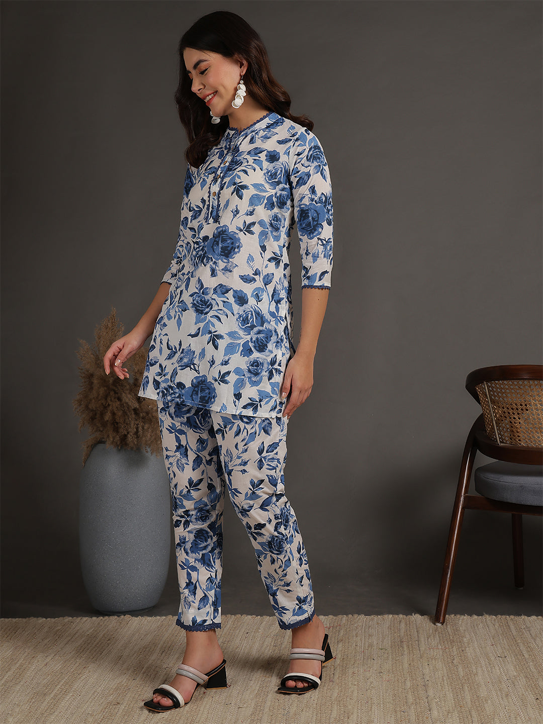 Antaran White Pure Cotton Printed Cord Set With Lace Detail - Swadesiicart