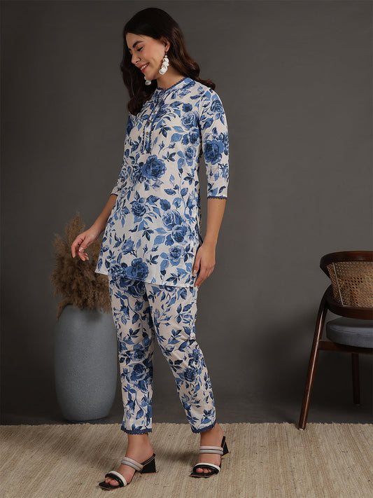 Antaran White Pure Cotton Printed Cord Set With Lace Detail - Swadesiicart
