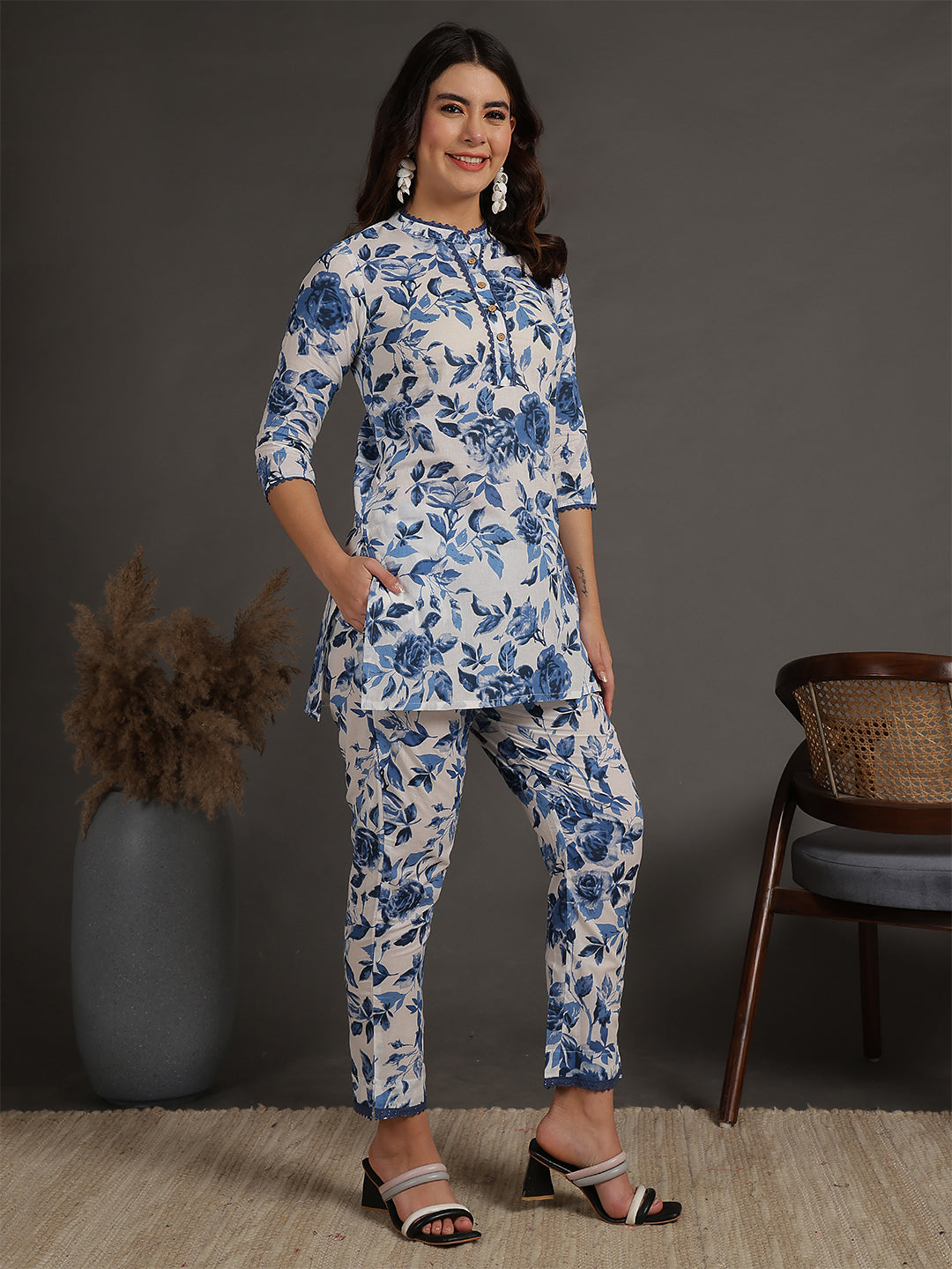 Antaran White Pure Cotton Printed Cord Set With Lace Detail - Swadesiicart