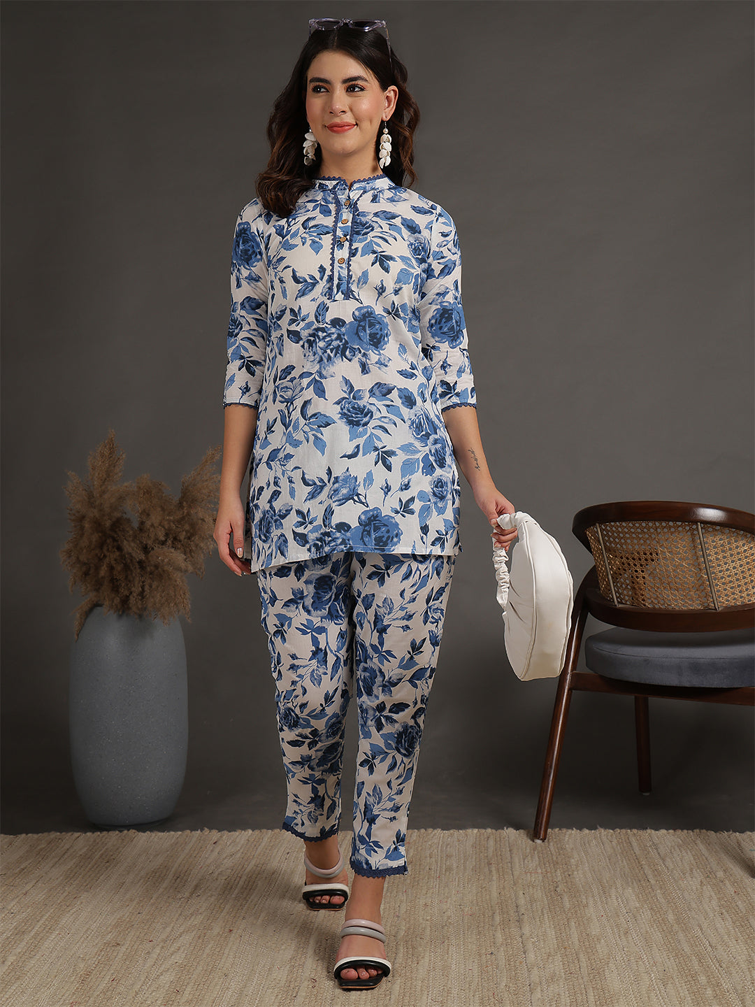 Antaran White Pure Cotton Printed Cord Set With Lace Detail - Swadesiicart