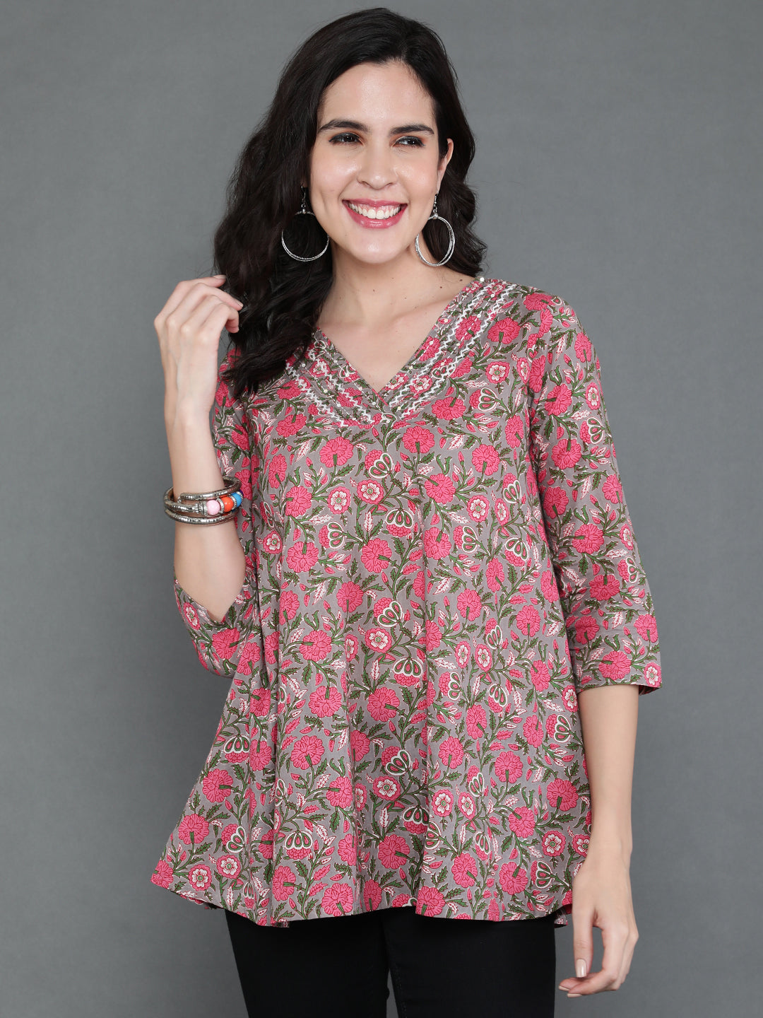 Antaran Grey Pure Cotton Embroidered Top - Swadesiicart