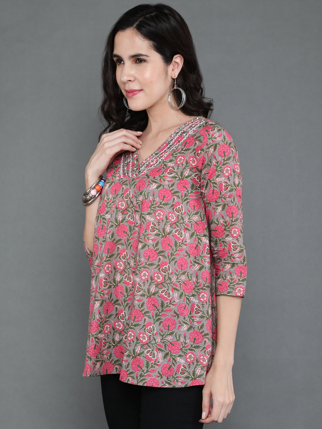 Antaran Grey Pure Cotton Embroidered Top - Swadesiicart