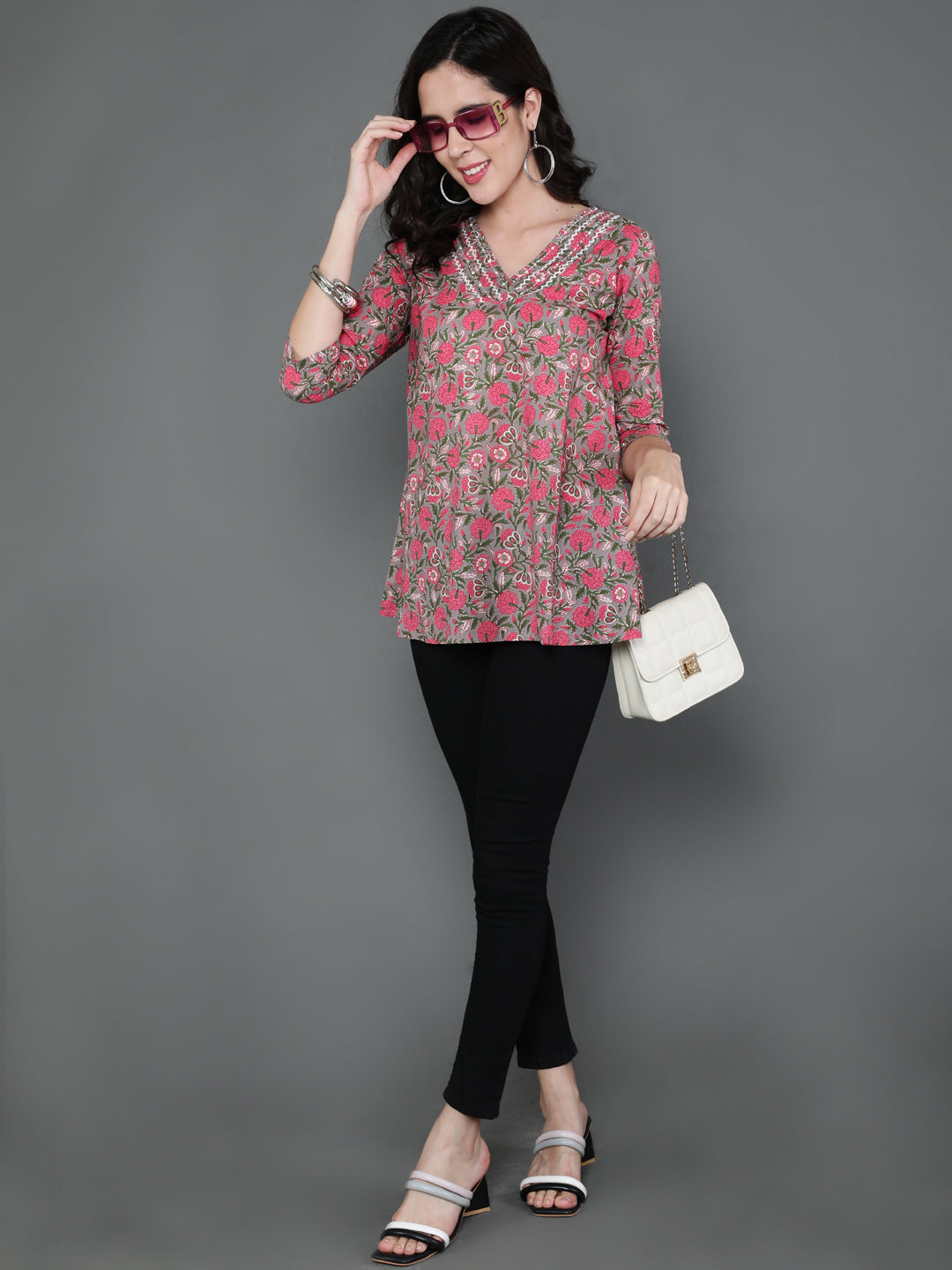 Antaran Grey Pure Cotton Embroidered Top - Swadesiicart