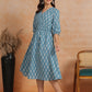 Antaran Blue Pure Cotton Printed Flared Dress - Swadesiicart