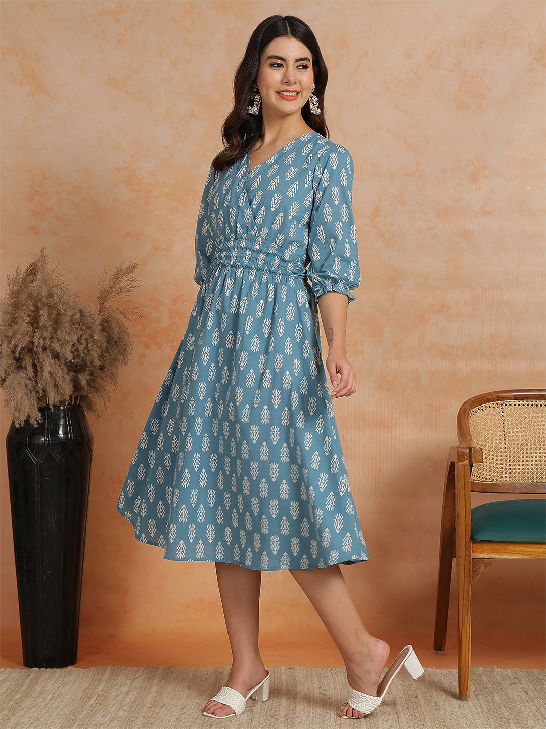Antaran Blue Pure Cotton Printed Flared Dress - Swadesiicart