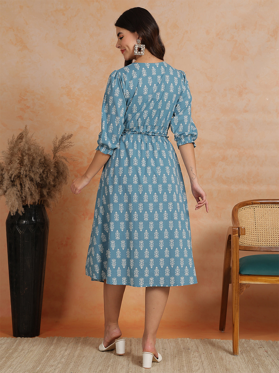 Antaran Blue Pure Cotton Printed Flared Dress - Swadesiicart