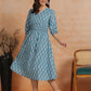 Antaran Blue Pure Cotton Printed Flared Dress - Swadesiicart