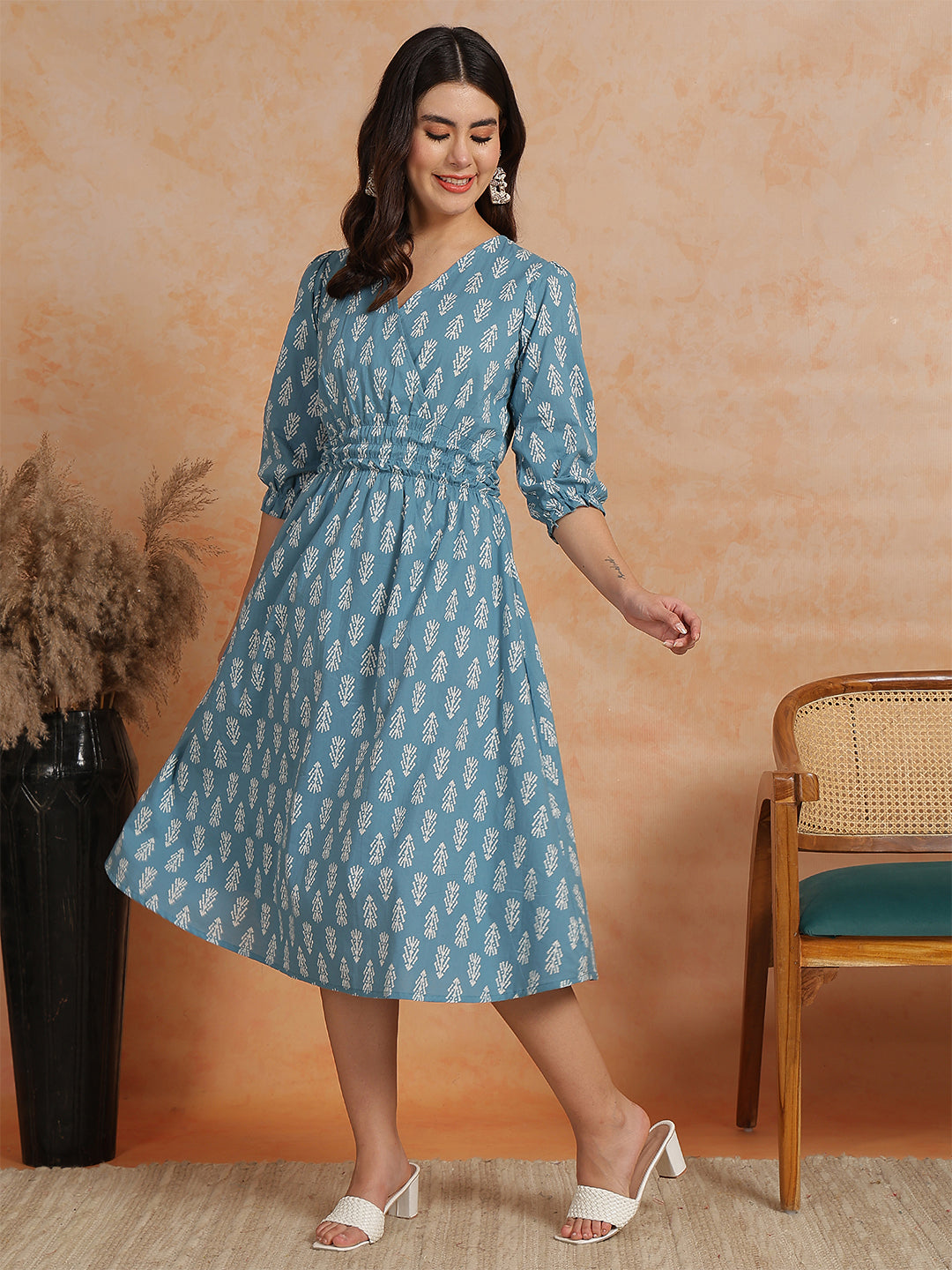 Antaran Blue Pure Cotton Printed Flared Dress - Swadesiicart