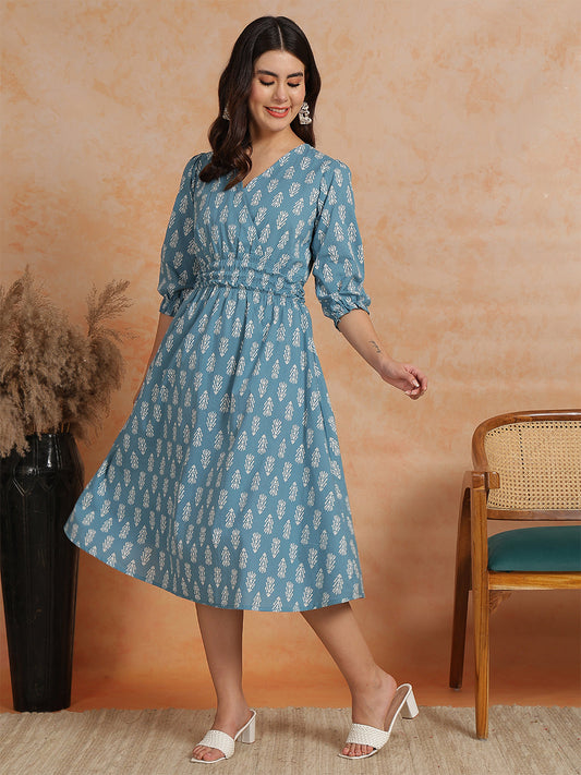 Antaran Blue Pure Cotton Printed Flared Dress - Swadesiicart