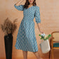 Antaran Blue Pure Cotton Printed Flared Dress - Swadesiicart