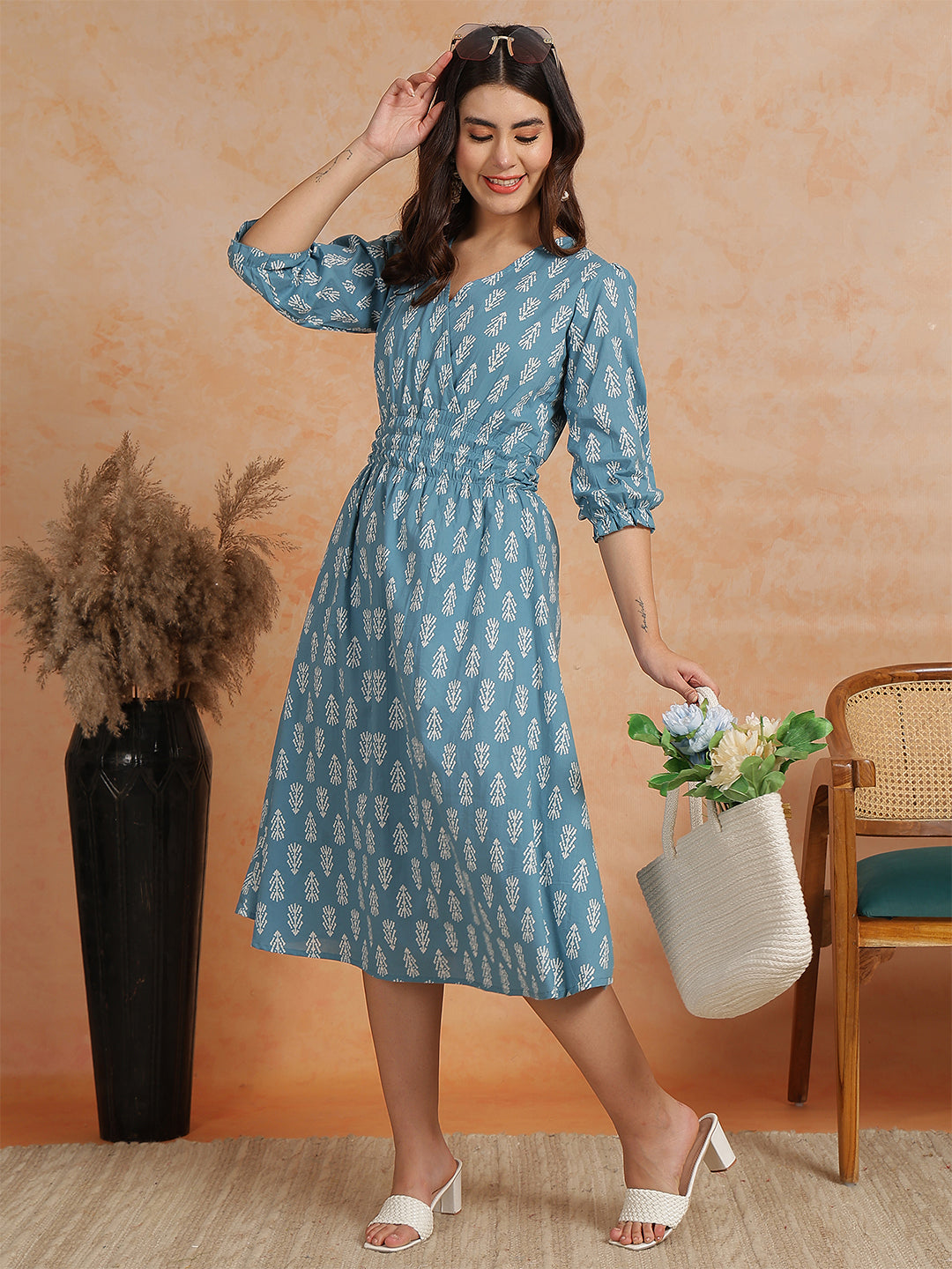 Antaran Blue Pure Cotton Printed Flared Dress - Swadesiicart