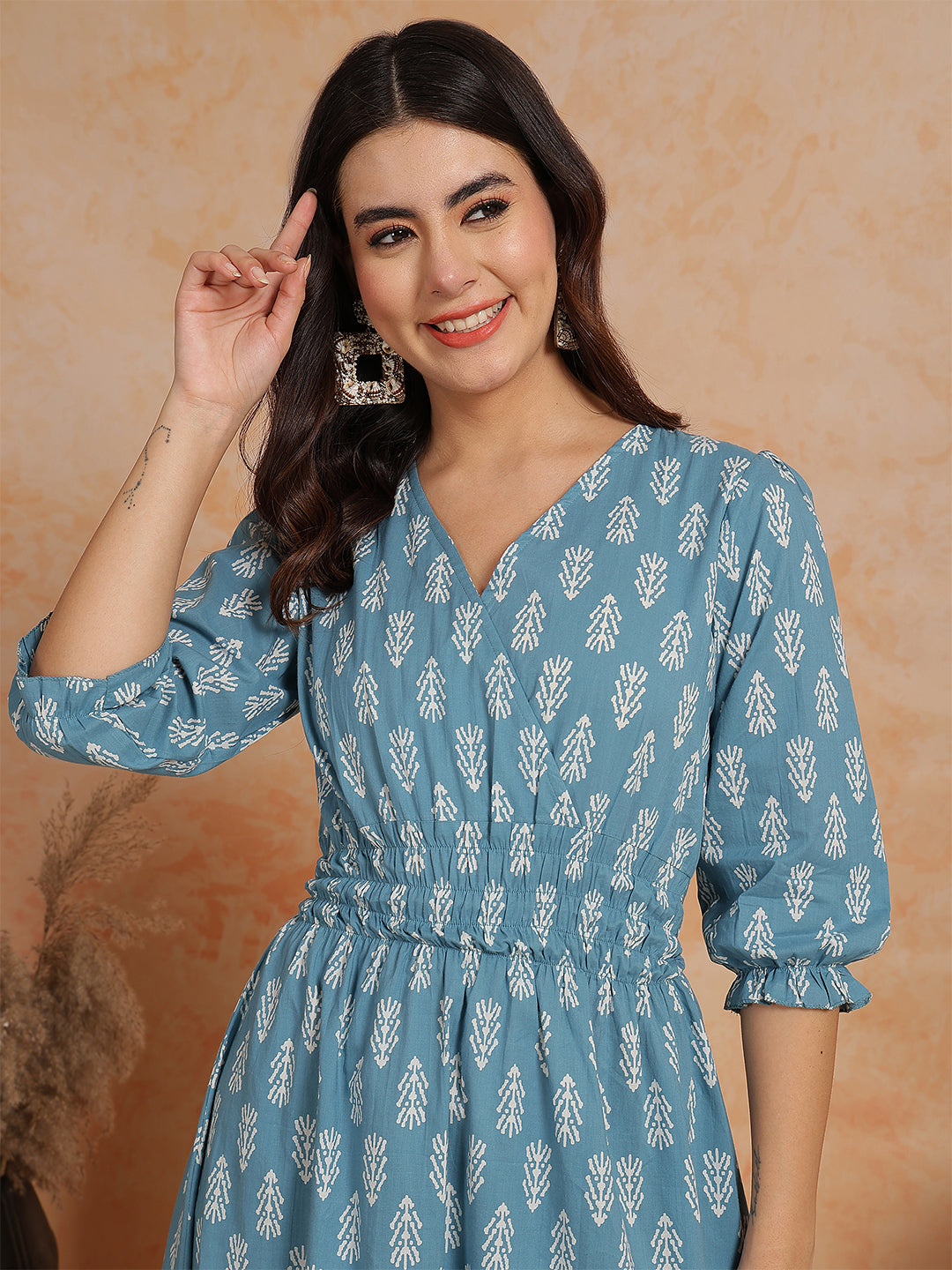 Antaran Blue Pure Cotton Printed Flared Dress - Swadesiicart