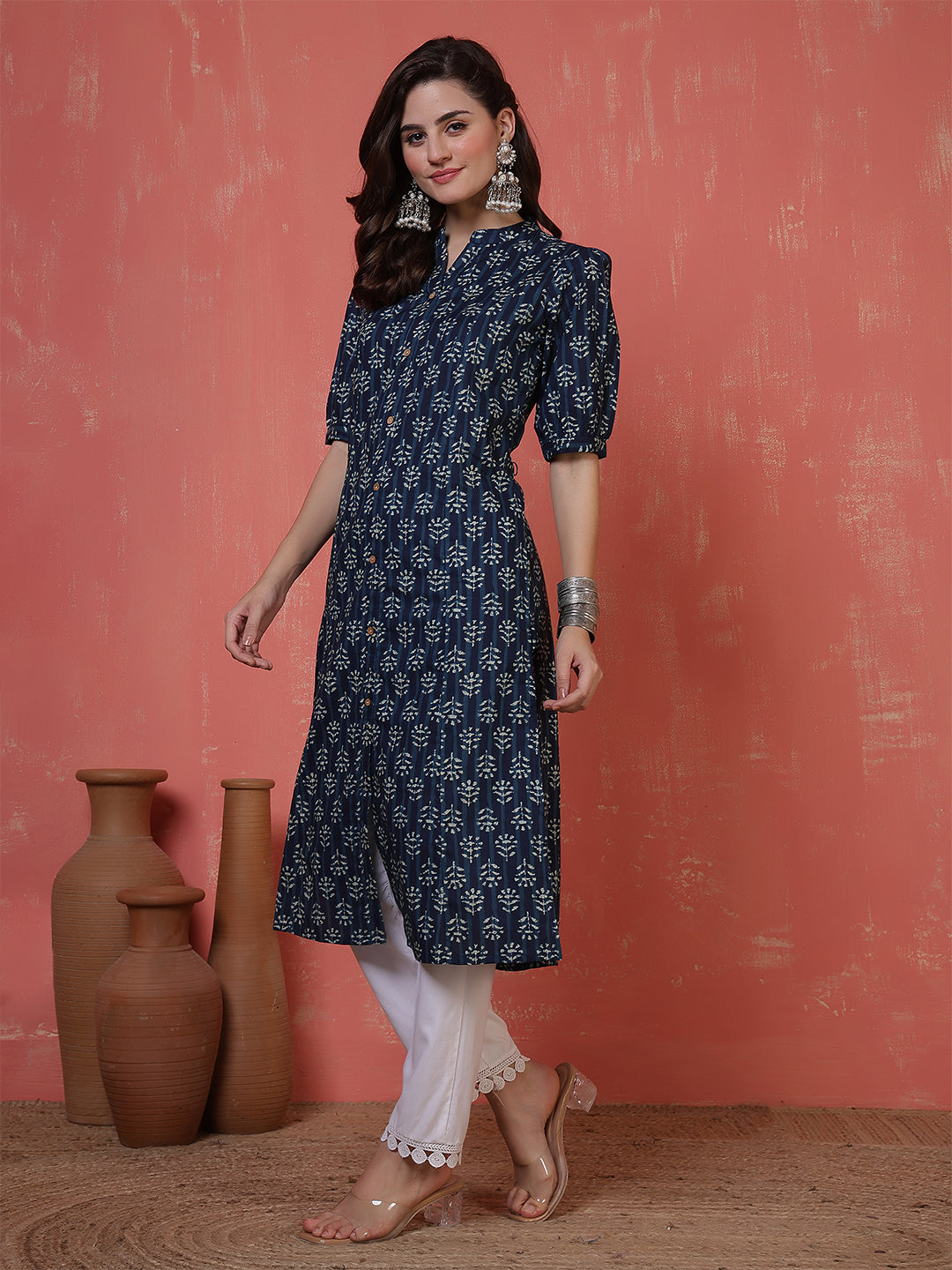 Antaran Blue Pure Cotton Front Buttoned Indigo Printed Kurta - Swadesiicart