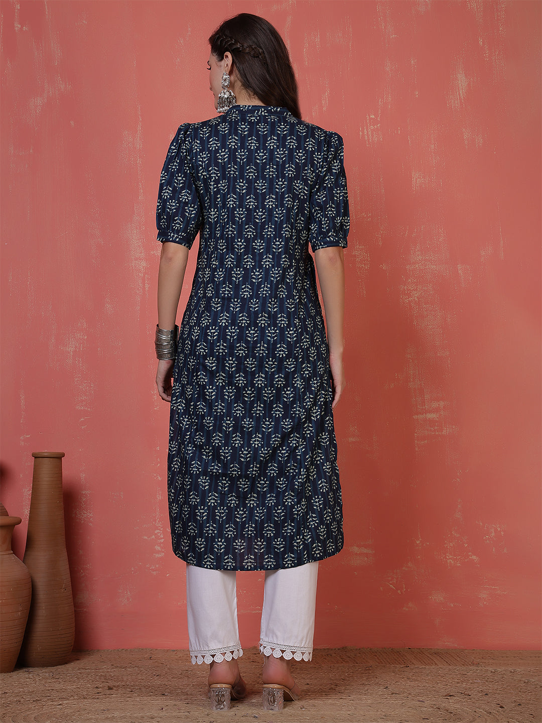 Antaran Blue Pure Cotton Front Buttoned Indigo Printed Kurta - Swadesiicart