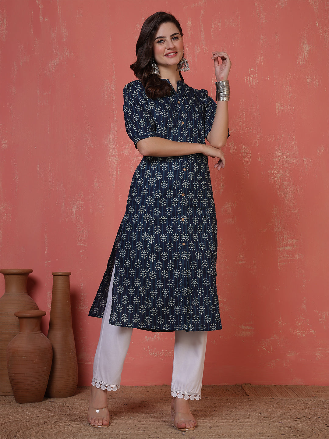 Antaran Blue Pure Cotton Front Buttoned Indigo Printed Kurta - Swadesiicart
