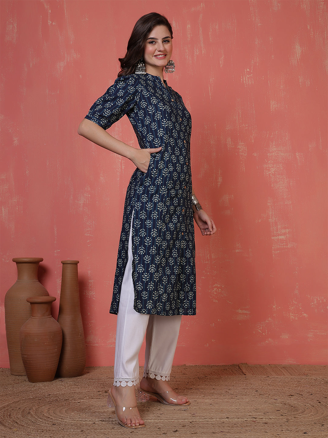 Antaran Blue Pure Cotton Front Buttoned Indigo Printed Kurta - Swadesiicart