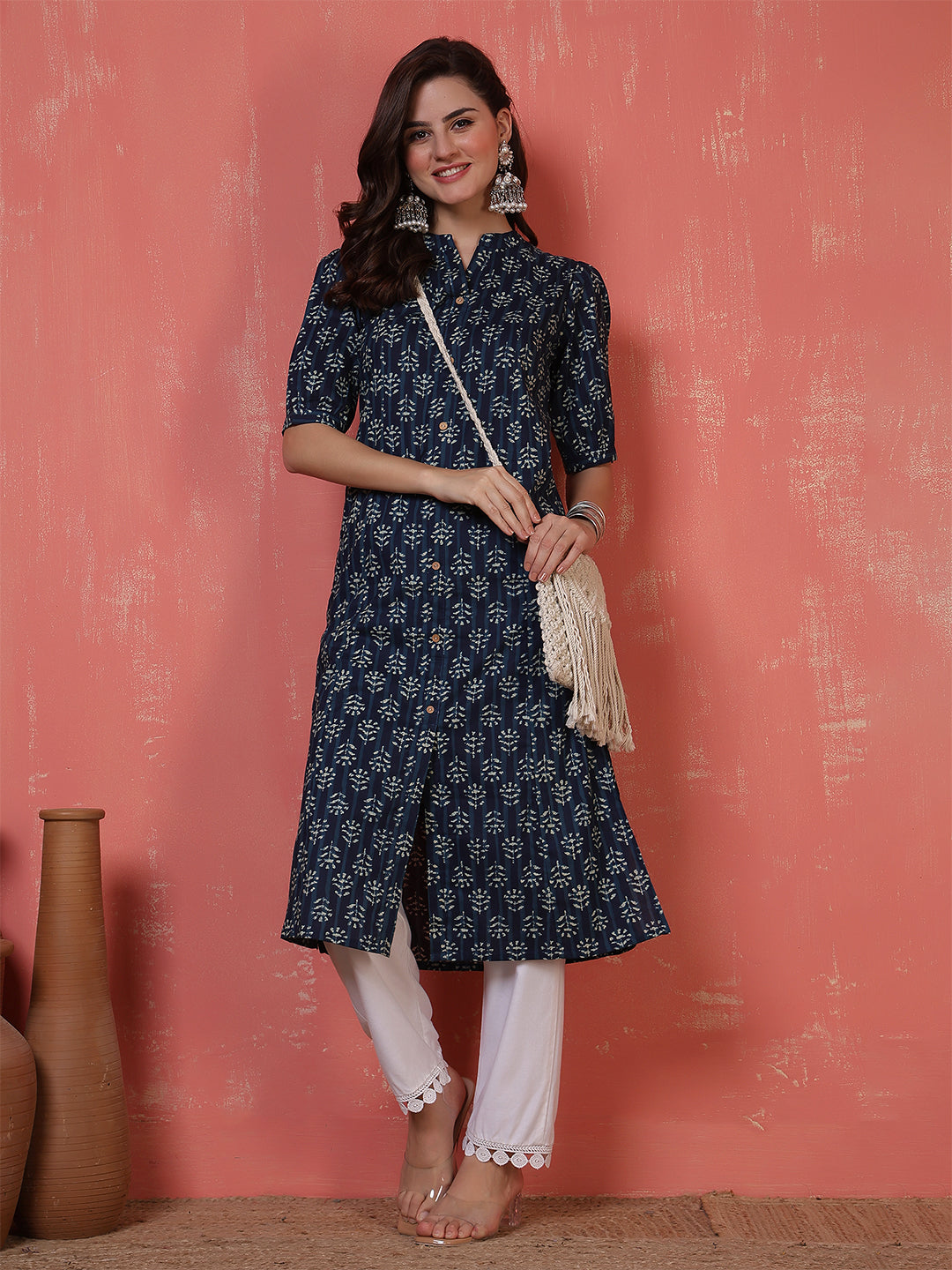 Antaran Blue Pure Cotton Front Buttoned Indigo Printed Kurta - Swadesiicart